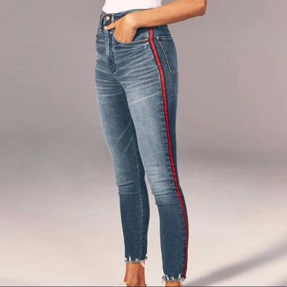 ABERCROMBIE & FITCH RARE HIGH-RISE TUXEDO STRIPE ANKLE JEANS RAW HEM UNIQUE